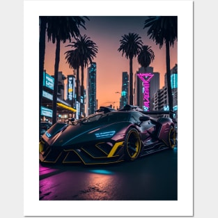 Dark Neon Sports Car in Beach Neon City Posters and Art